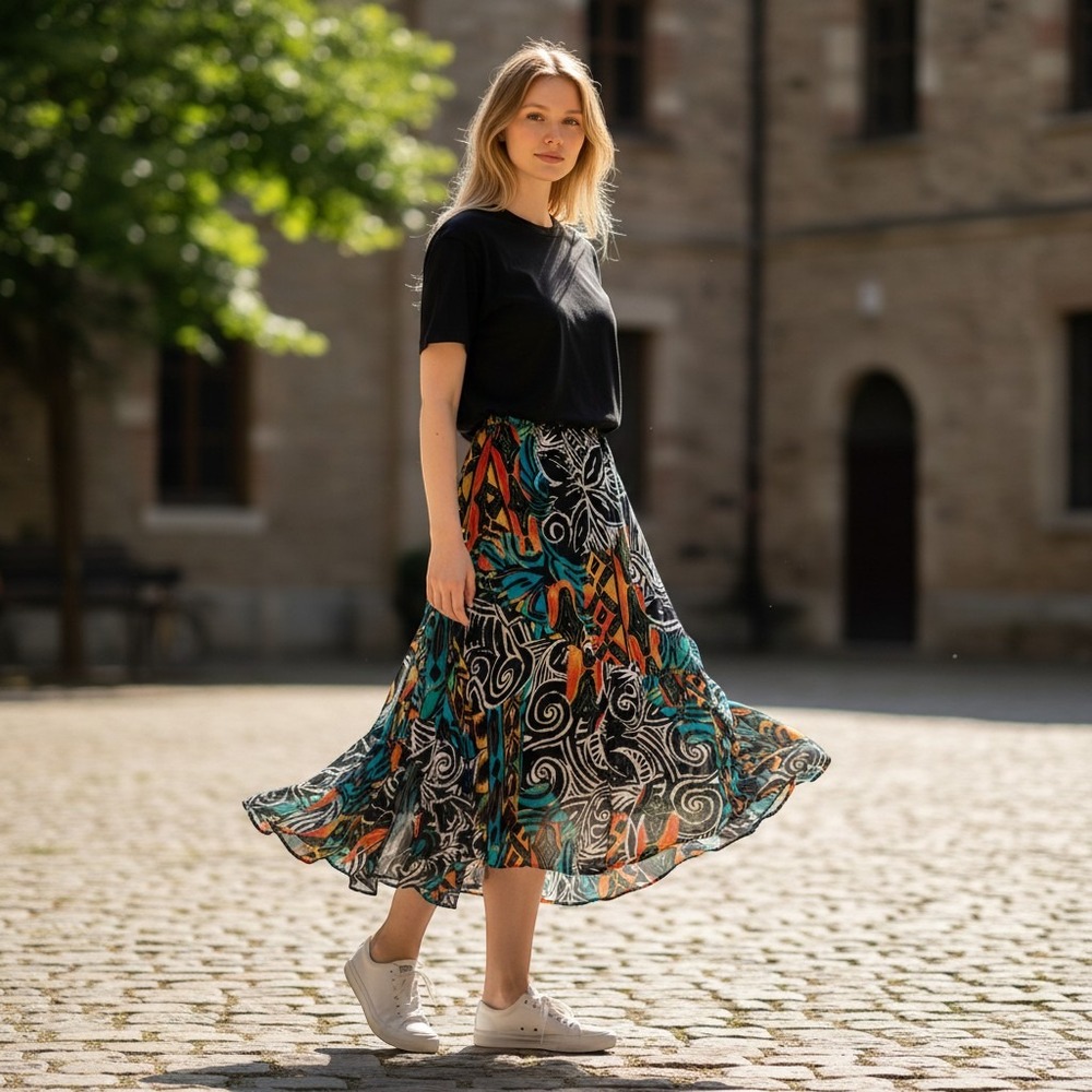 Chicos Silk Midi Skirt Sz S (0) Abstract Tribal Print Tiered Ruffle Multicolor
